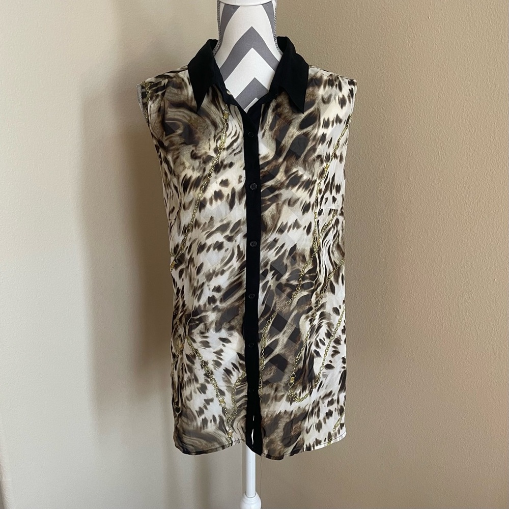 Unique - Animal Print Sleeveless Blouse - Button Up - Size: 2X